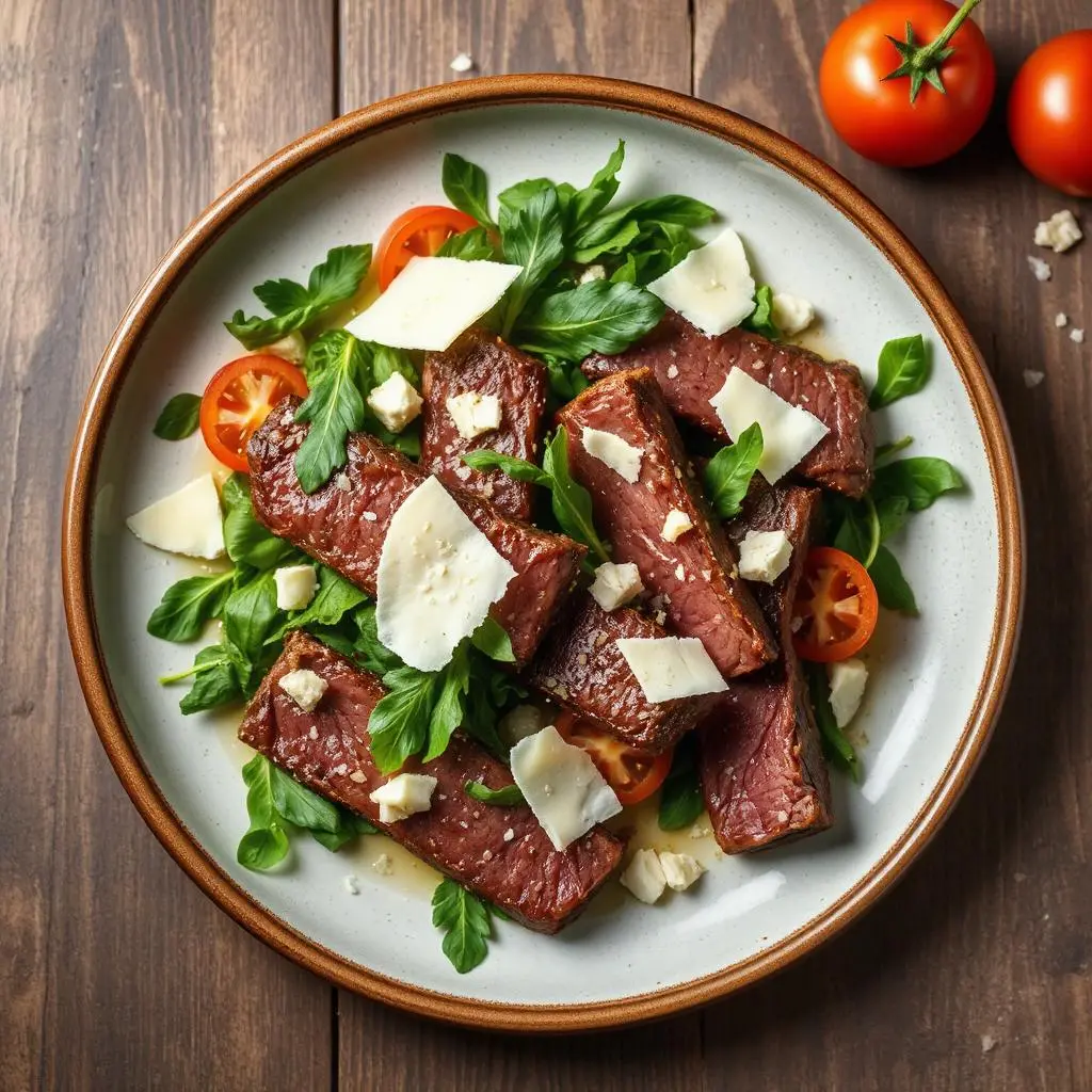 Straccetti di manzo con rucola e scaglie di grana